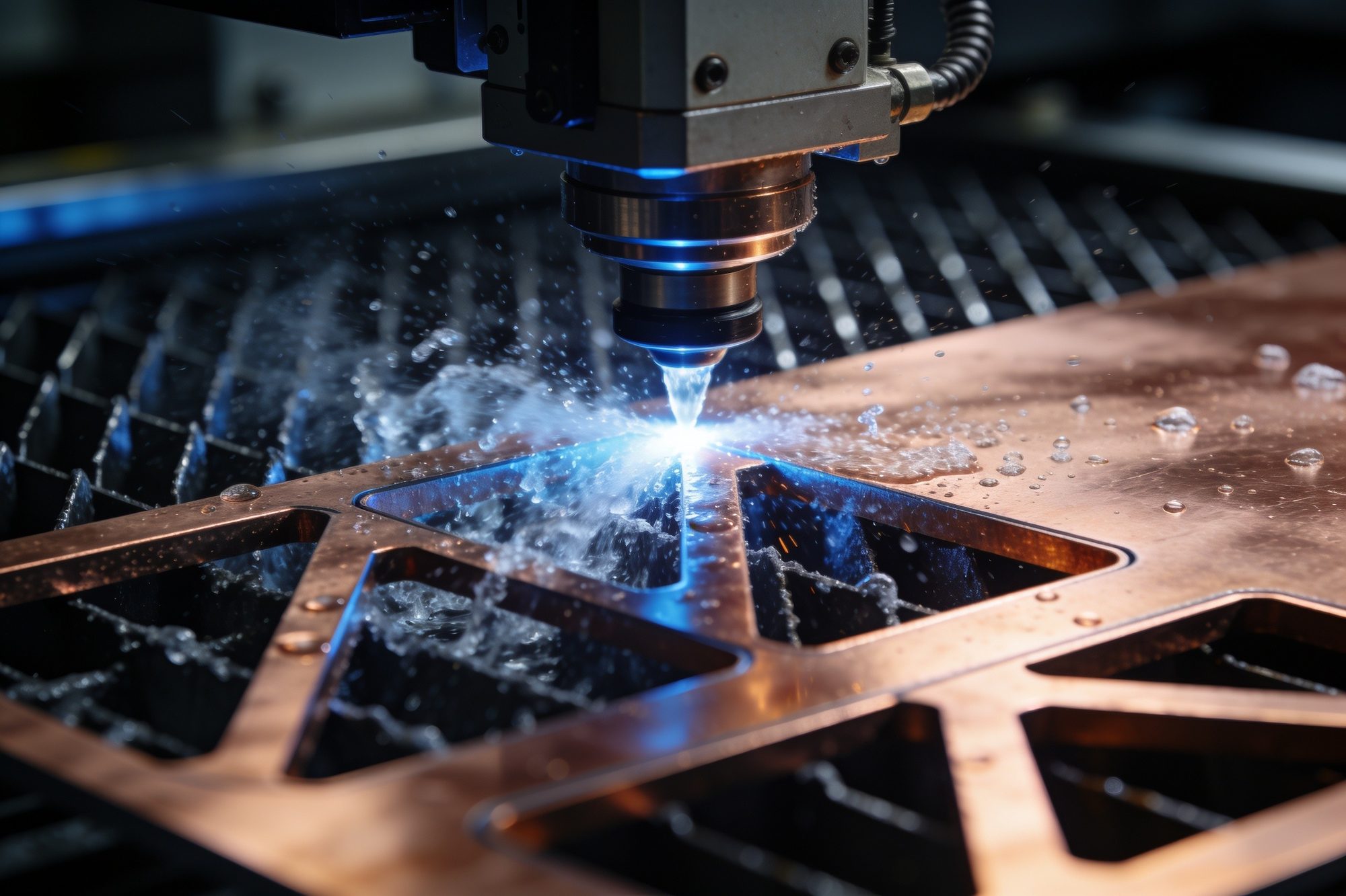 High-pressure waterjet head cutting a pattern from metal sheet