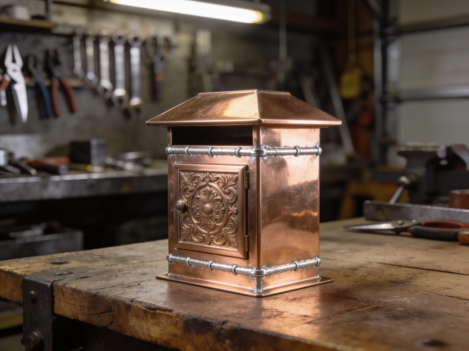 Finished custom copper conductor head fabricated by Chris Industries
