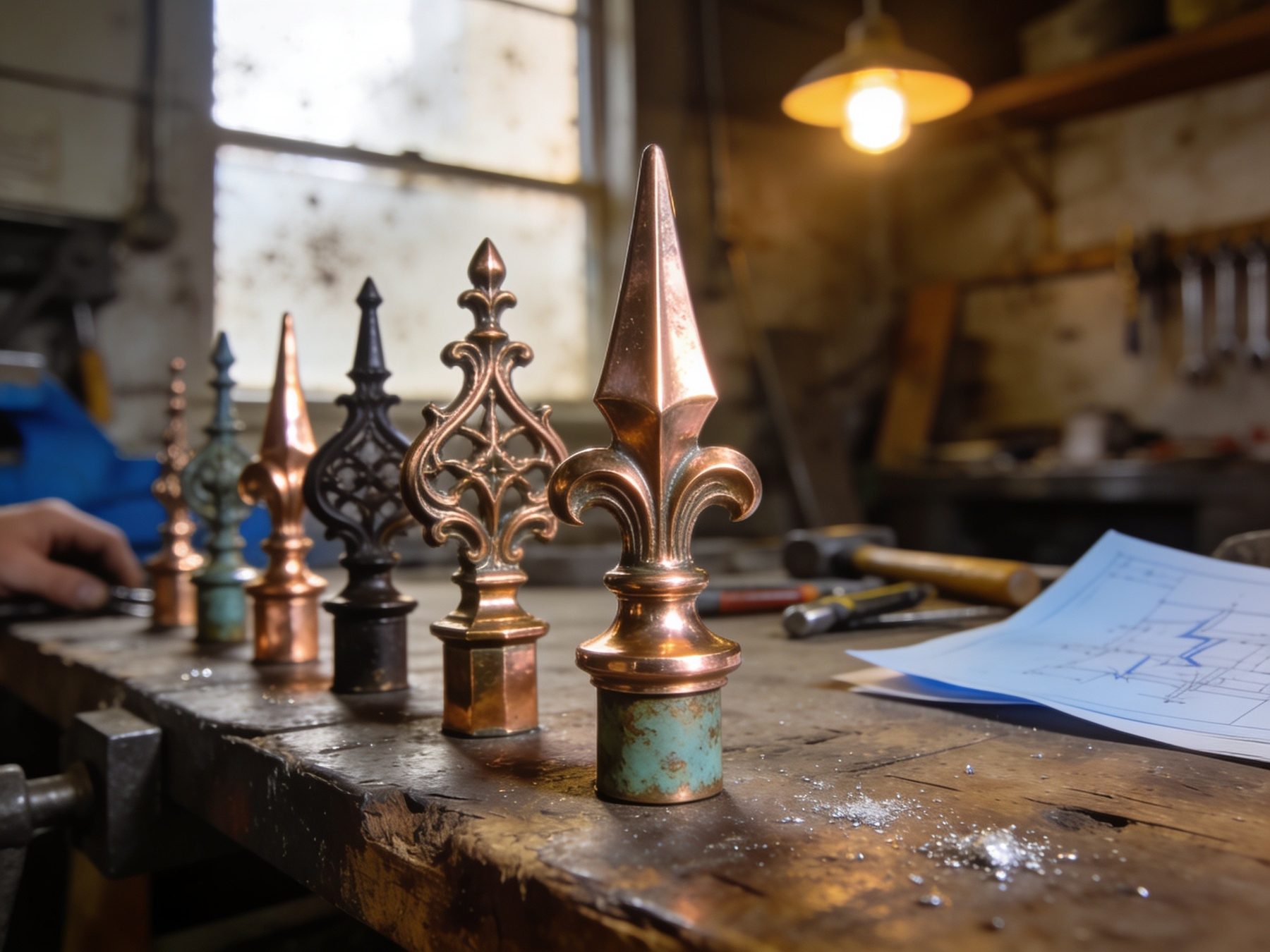 Lineup of custom copper conductor heads including historical reproductions