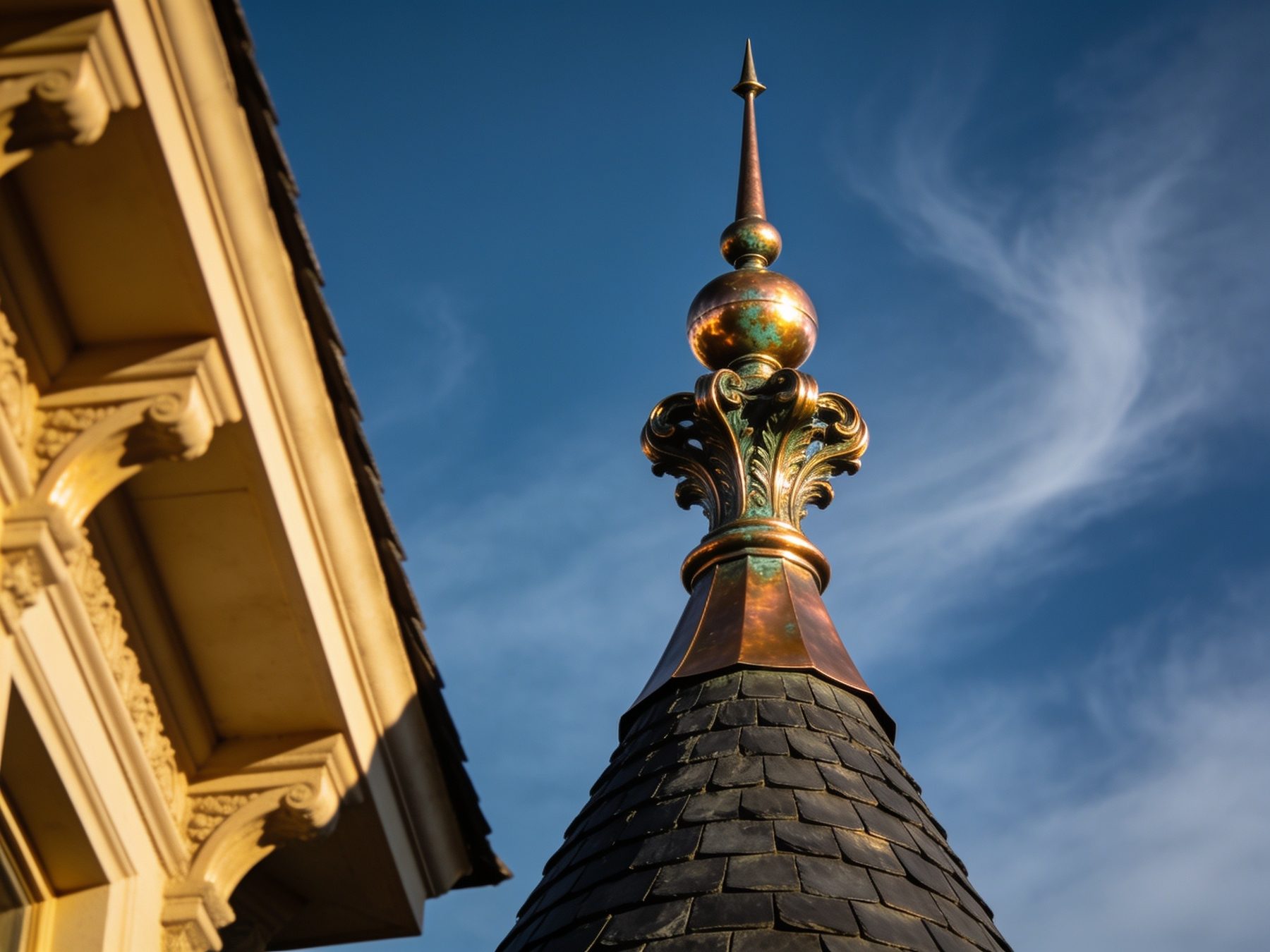 Custom copper finial atop a turret roof