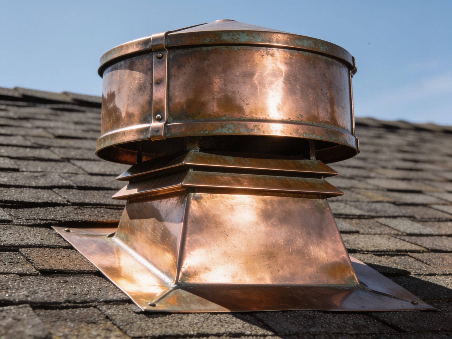 Custom copper chimney cap and flashing details