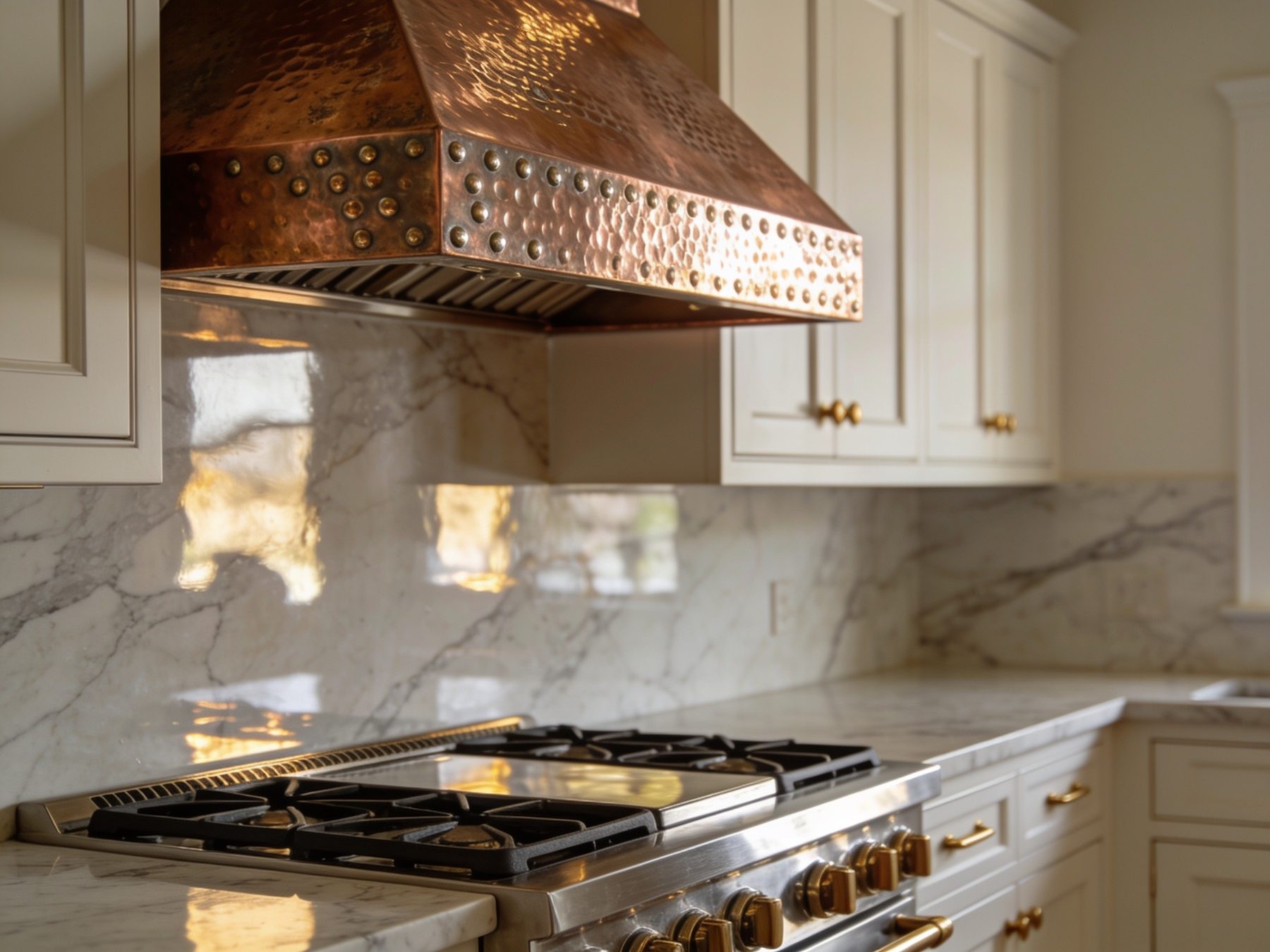 Hammered copper range hood installed in a kitchen
