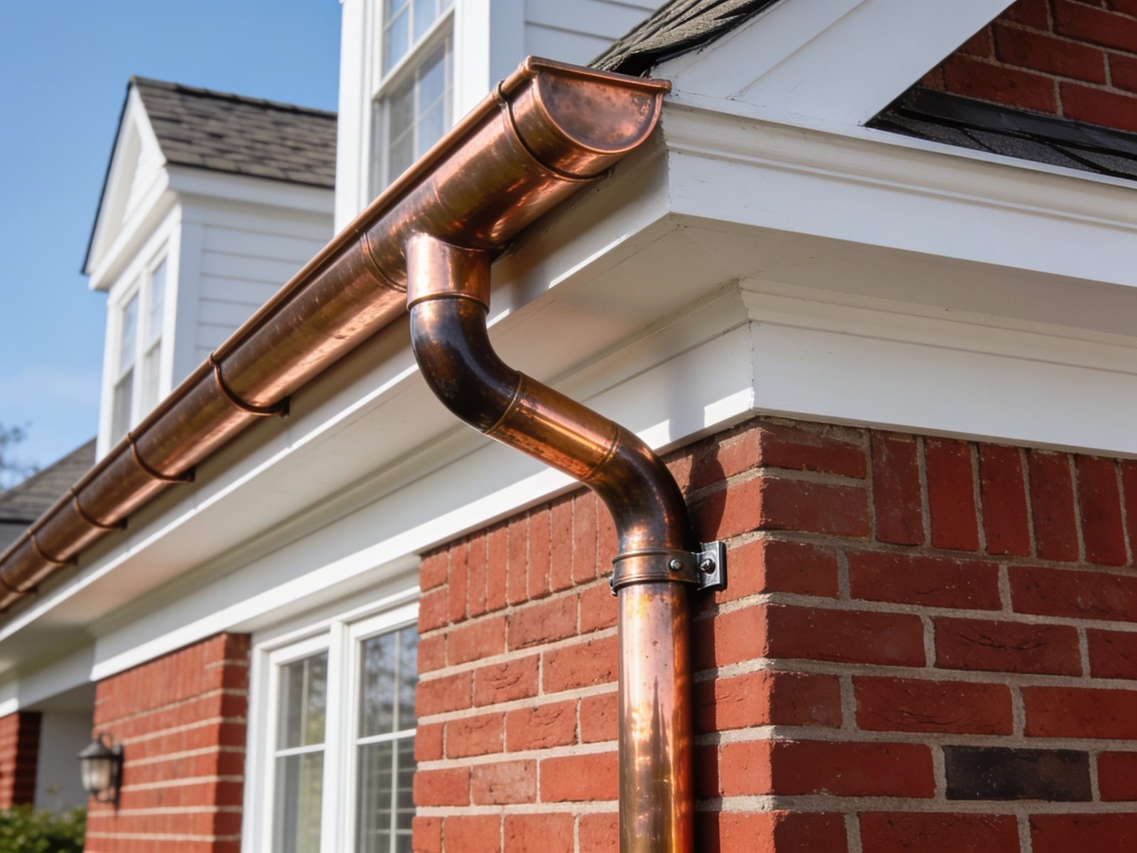 Half-round copper gutter run on a brick home