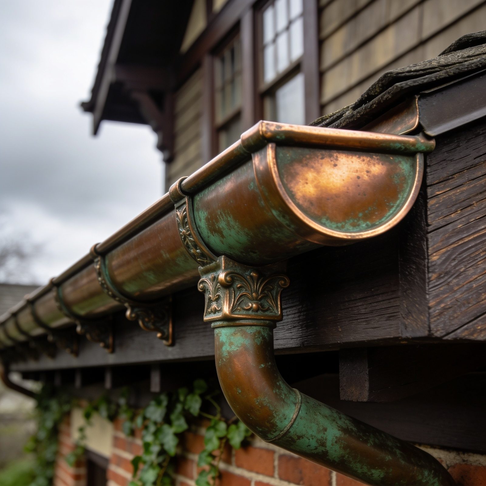 Aged copper half-round gutter with natural patina