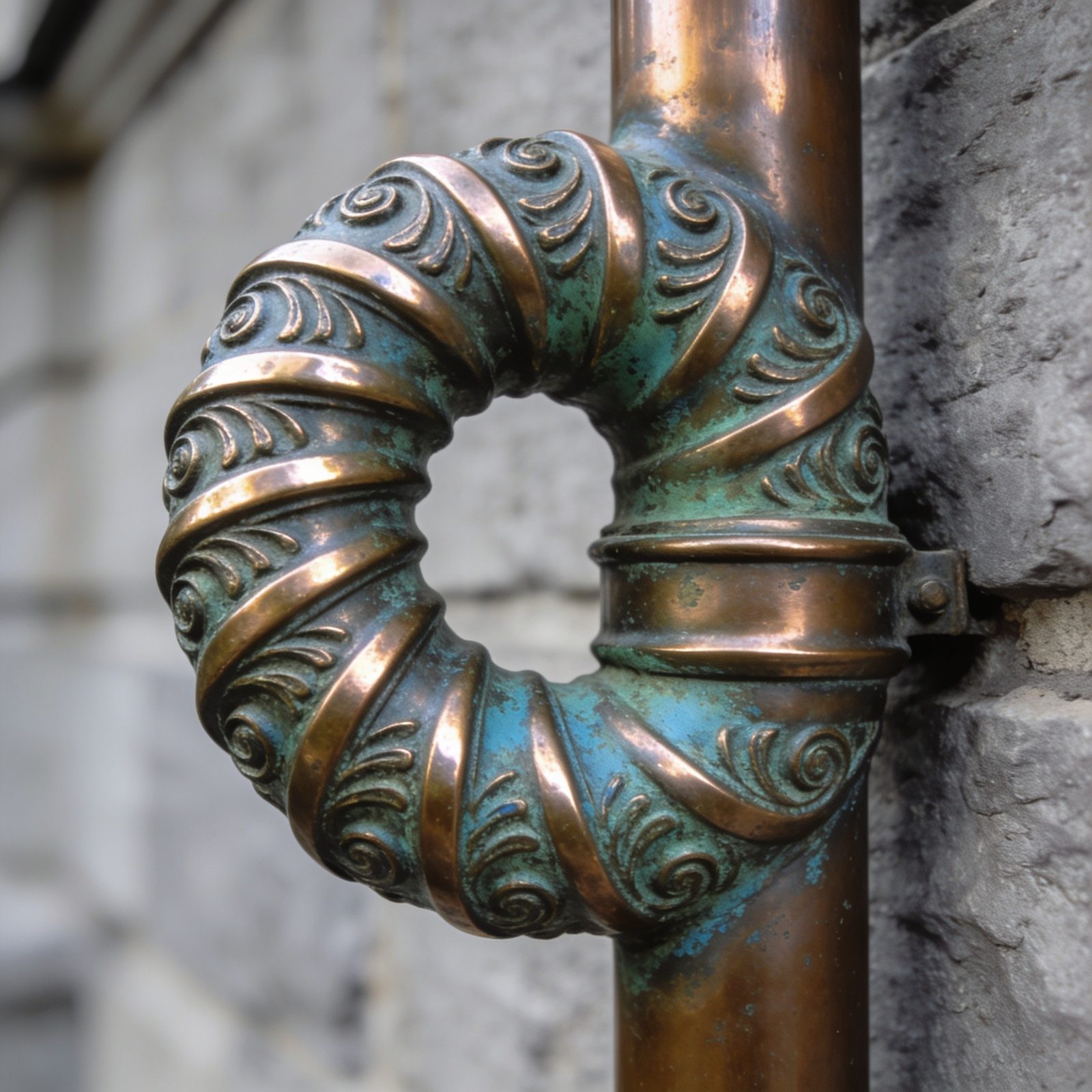 Spiral twisted copper downspout detail