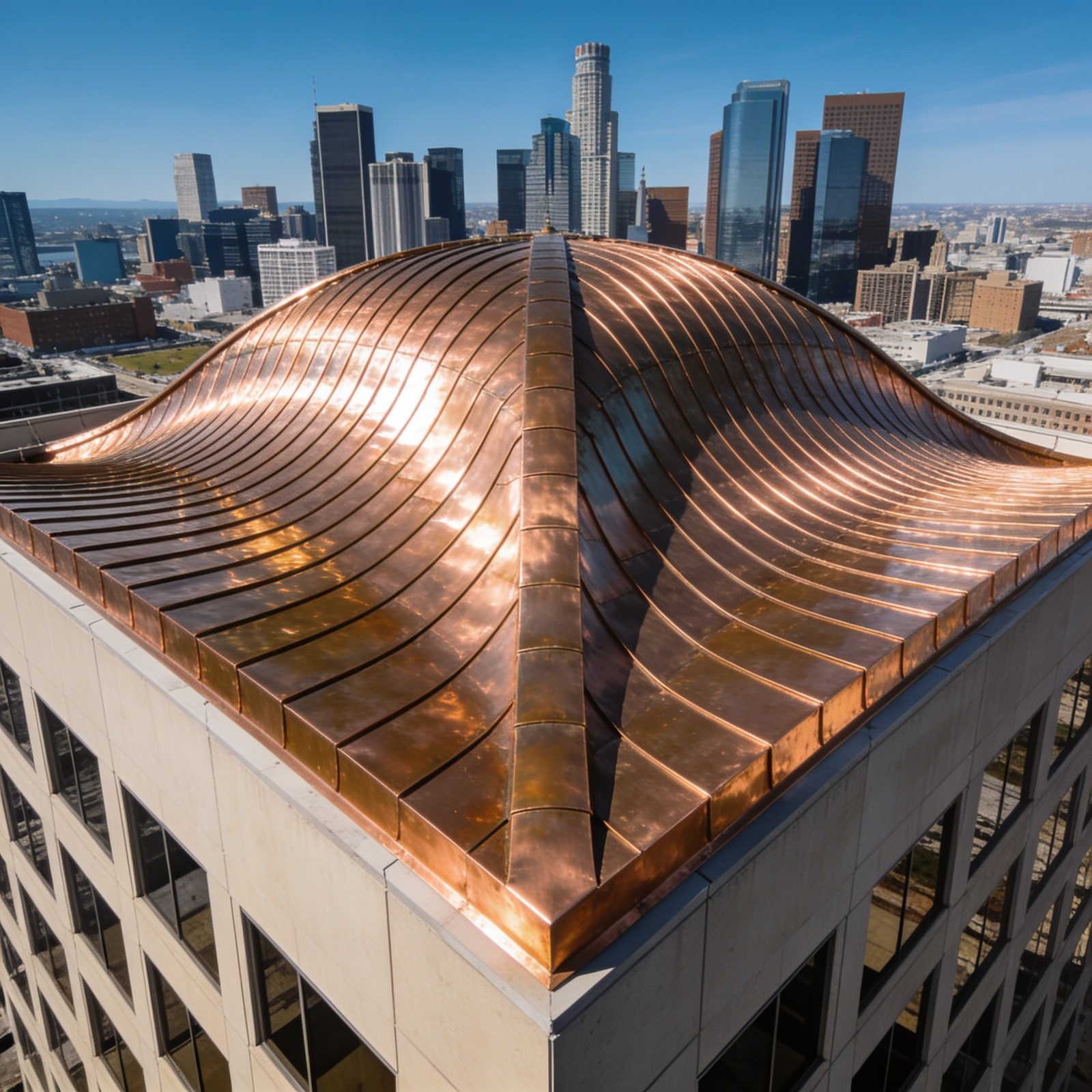 Curved copper standing seam roof panels on a commercial building