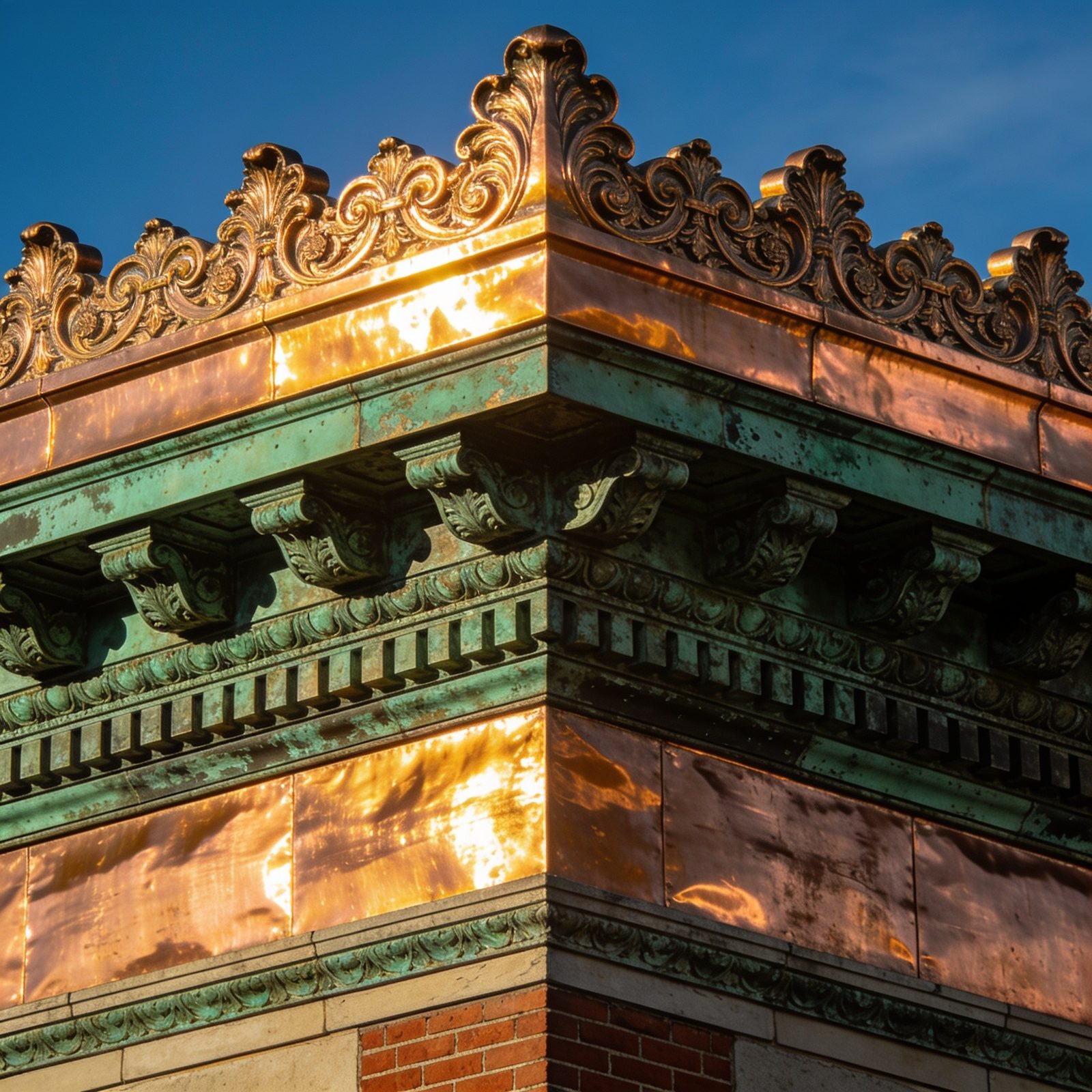 Copper cornice restoration on a commercial building