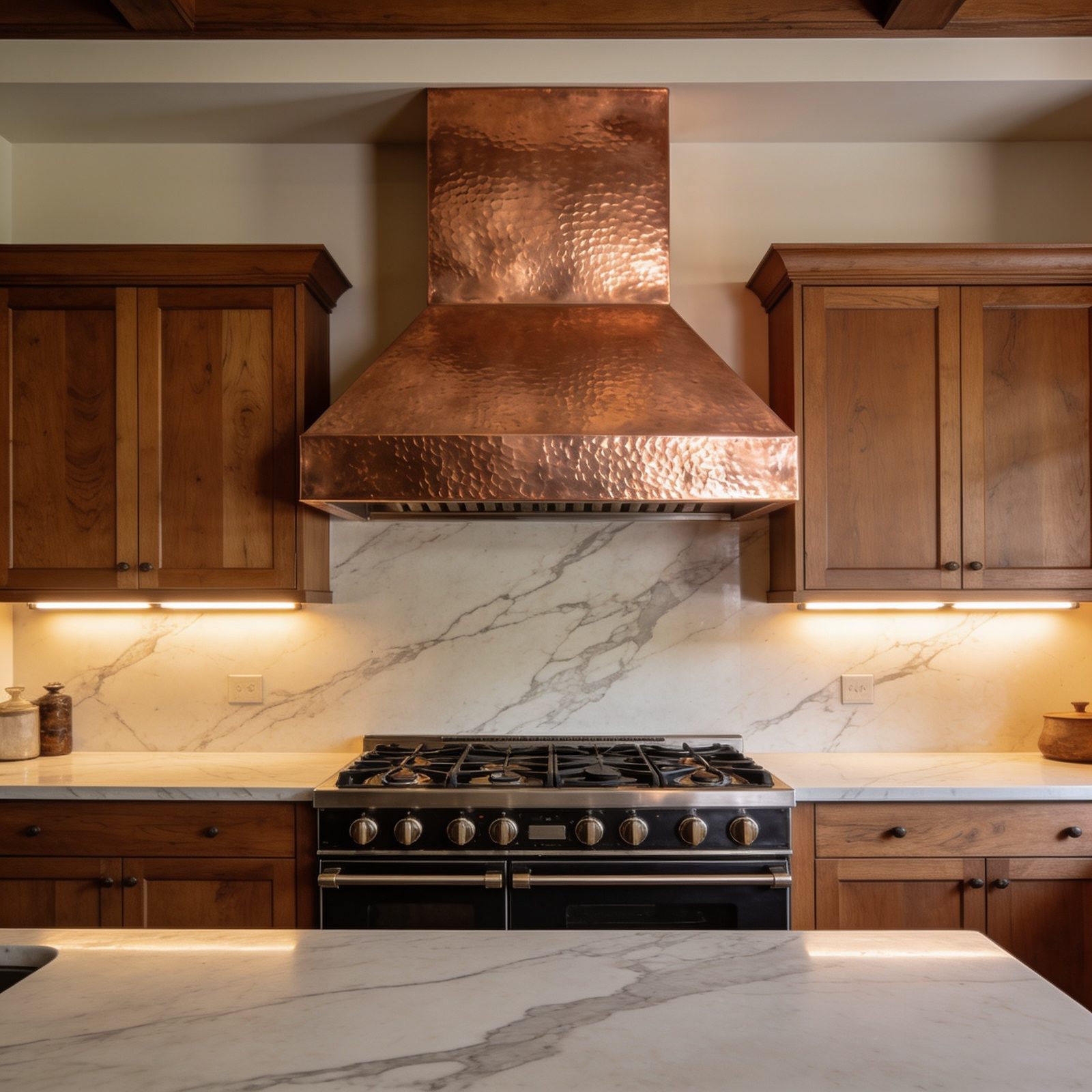 Hammered copper range hood in a custom kitchen