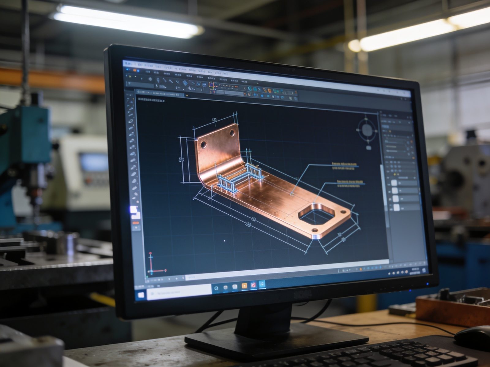 CAD drawing of a custom copper piece on screen