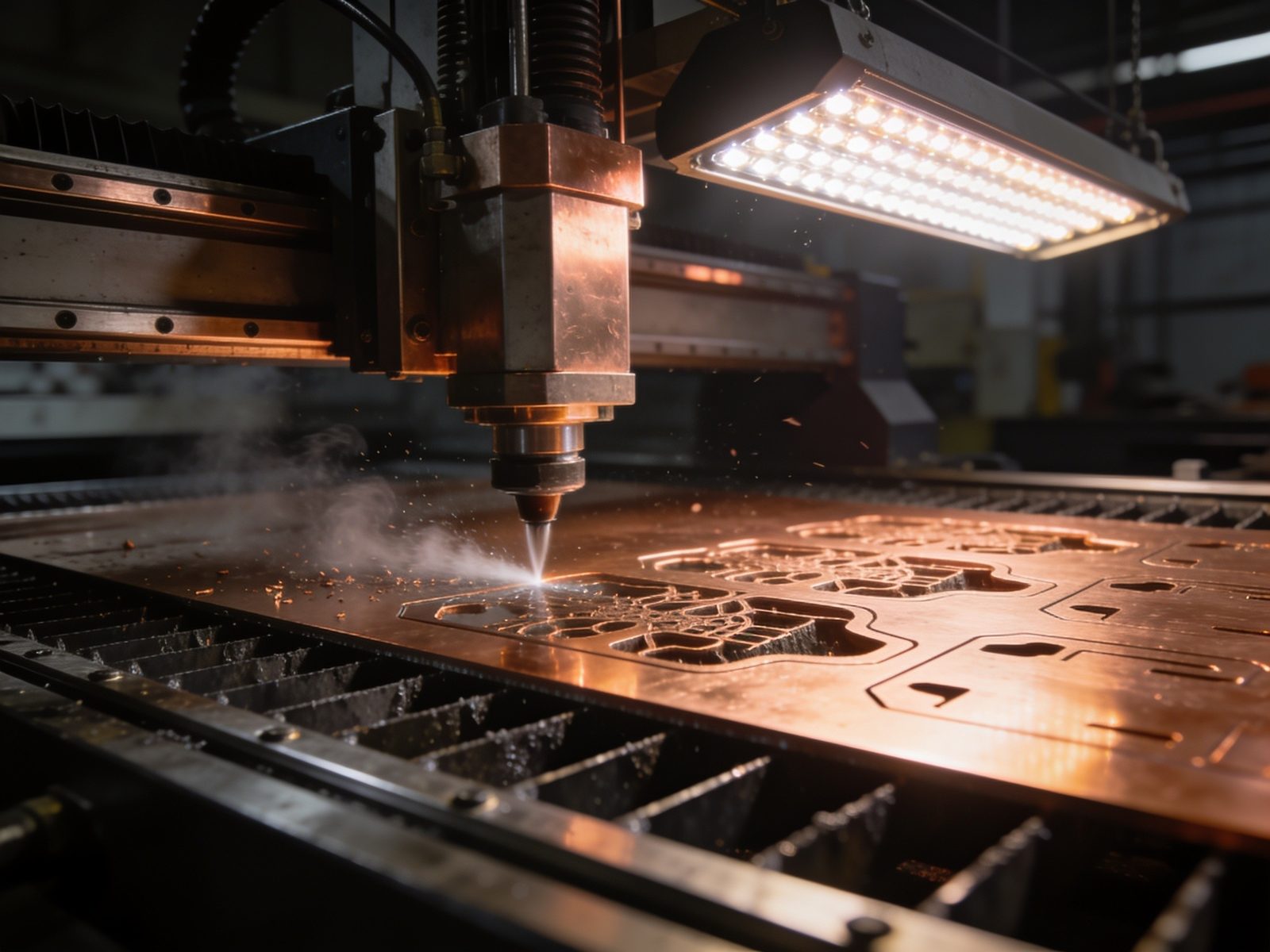 Waterjet cutter slicing copper sheet from a CAD file