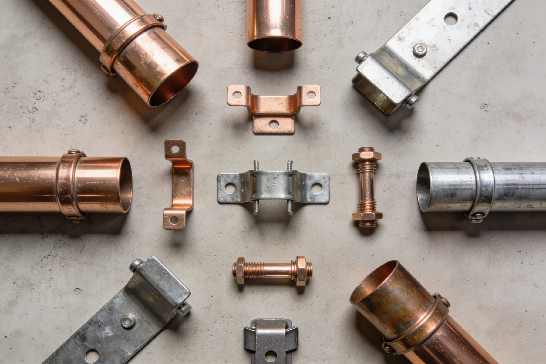 Gutter hangers, downspout brackets, and copper fasteners